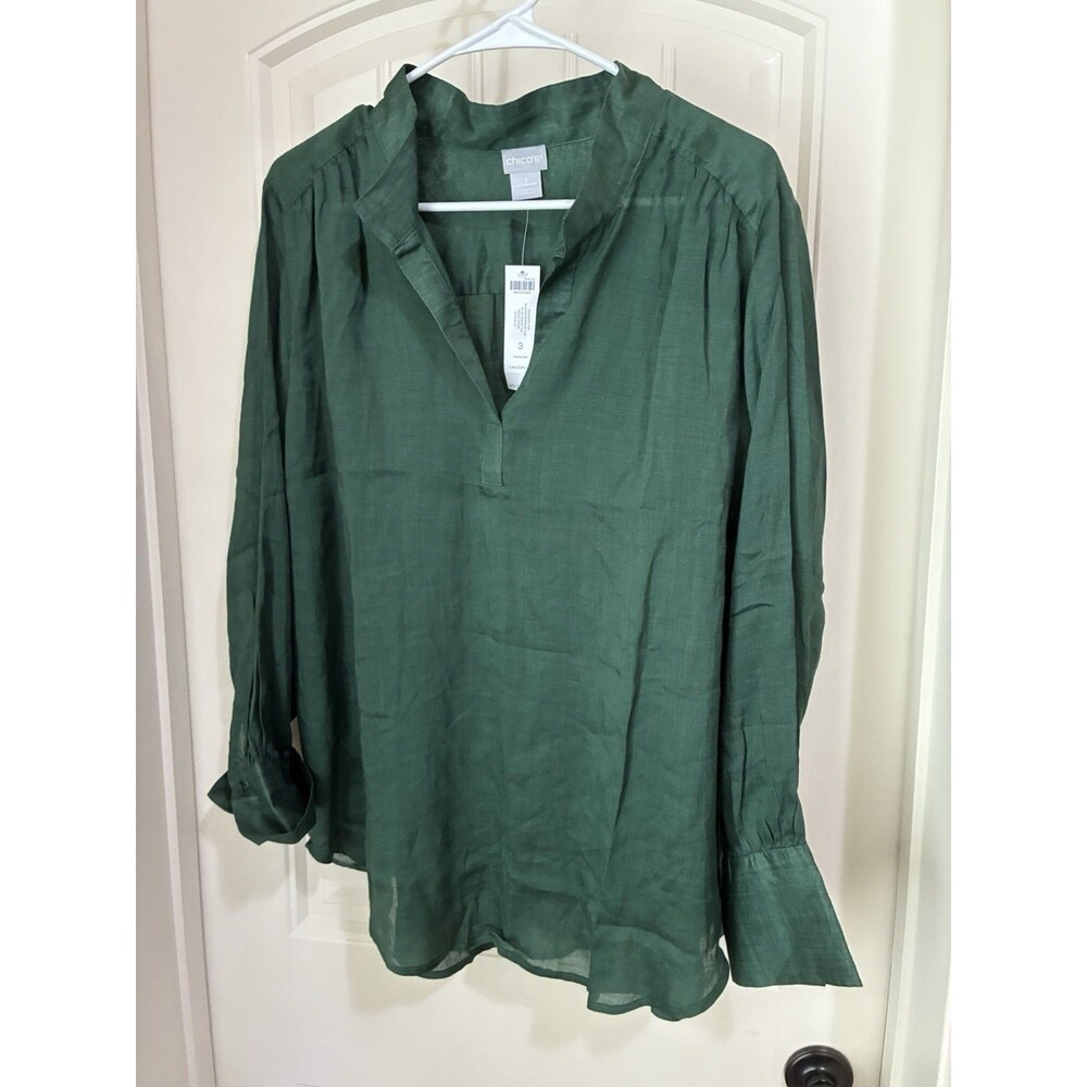 Chico's Size 3 Moss Green Pullover Ruched 3/4 Sleeves Shirt Cuffed NWT